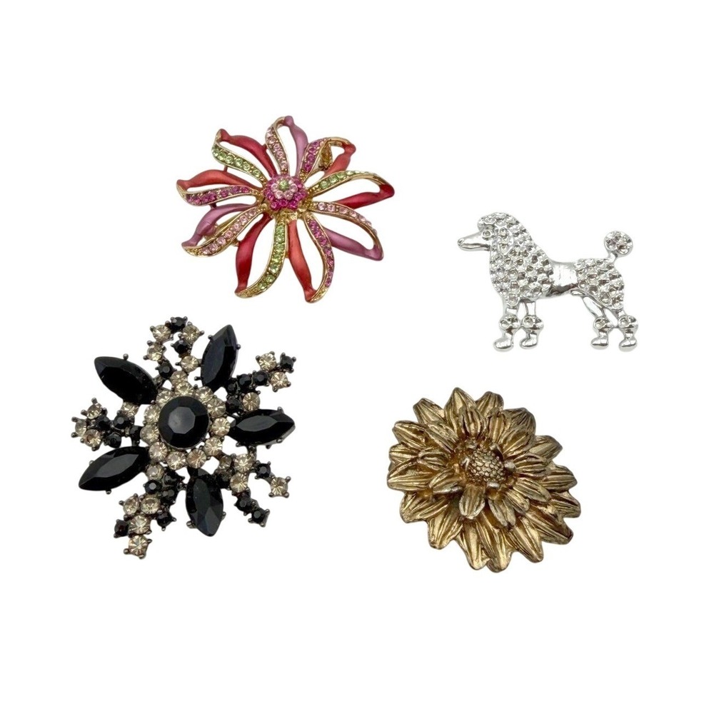 Vintage Brooch Pin Lot 4 Rhinestone Flower Poodle Floral Costume Jewelry
